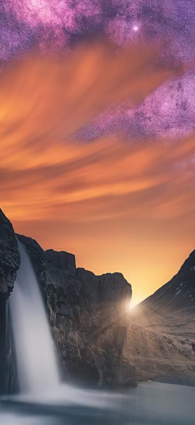 Fond d'écran iPhone Waterfall Glowing Sky Stars Mountains 5k