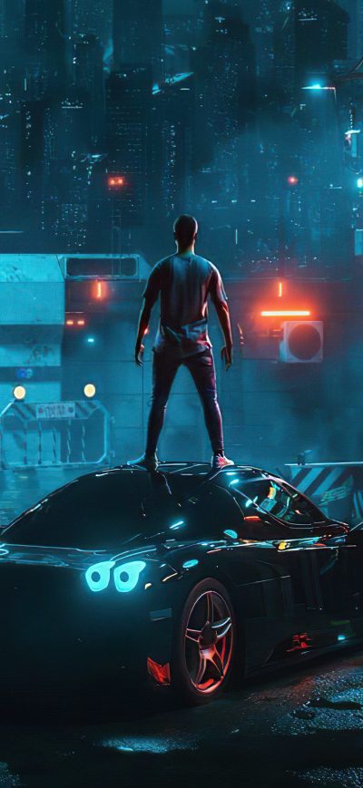 Fond d'écran iPhone Cyber Night Boy Standing On Car 4k