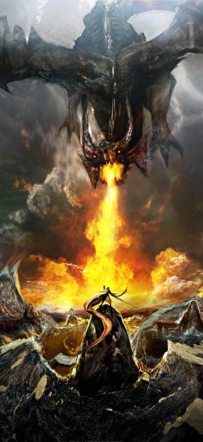 Fond d'écran iPhone Dragon Throwing Fire On Warrior