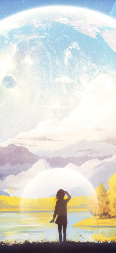 Fond d'écran iPhone Anime Girl Big Moon Planet 4k