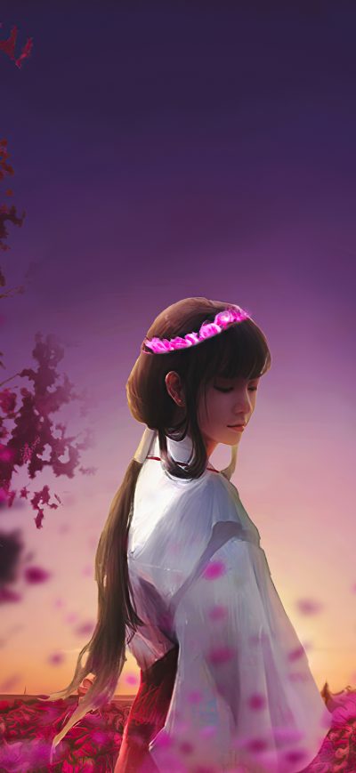 Fond d'écran iPhone Ancient Anime Girl Walk Garden 4k