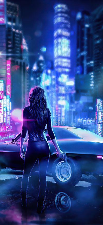 Fond d'écran iPhone Cyber Japan Neon Lights Girl With Gun 4k