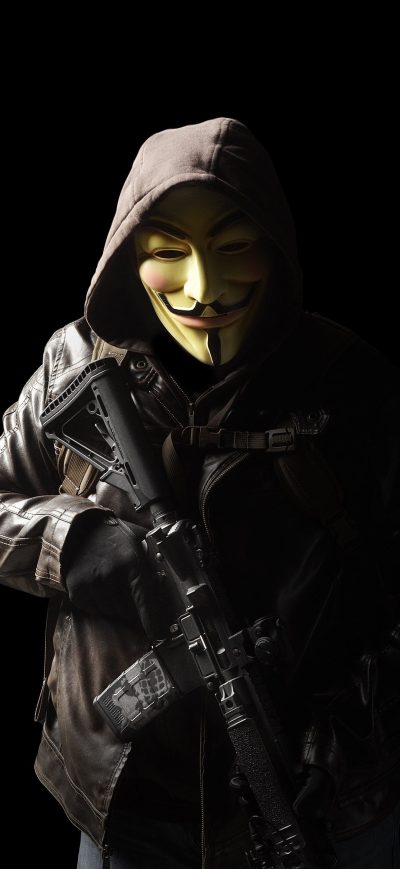 Fond d'écran iPhone Anonymous Mask Person With Gun 5k