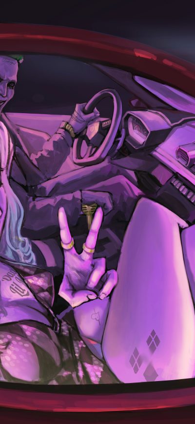 Fond d'écran iPhone Joker And Harley Quinn In The Car Artwork 8k