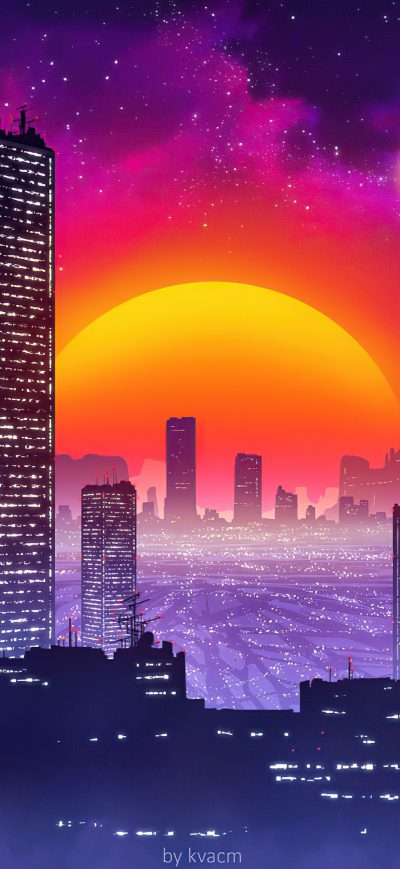 Fond d'écran iPhone City Retrowave Sunset 5k