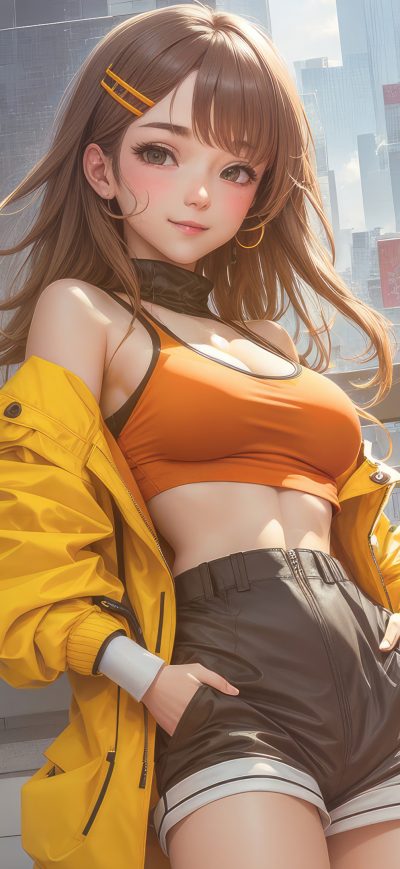 Fond d'écran iPhone Anime Girl Shorts Open Jacket With Super Car 4k