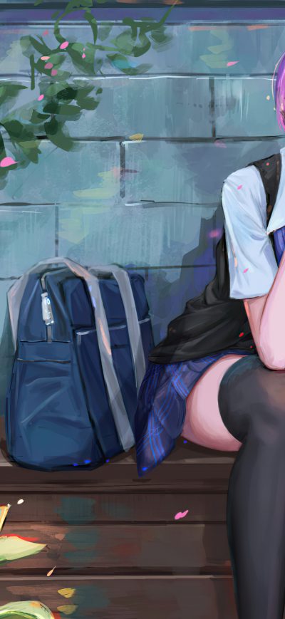 Fond d'écran iPhone Cute Anime School Girl Pink Hairs Sitting On Bench 8k