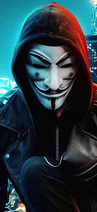 Fond d'écran iPhone Anonymus Mask Boy Rooftop Buildings 5k