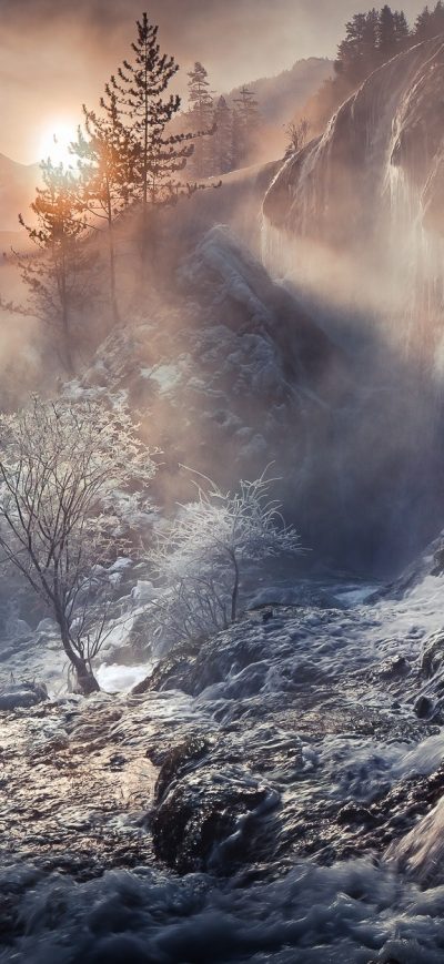 Fond d'écran iPhone Fog Nature Sunbeam Waterfall Winter