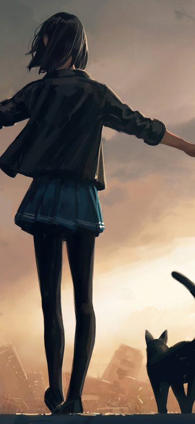 Fond d'écran iPhone Girl Walking With Cat On Roof Wall 4k