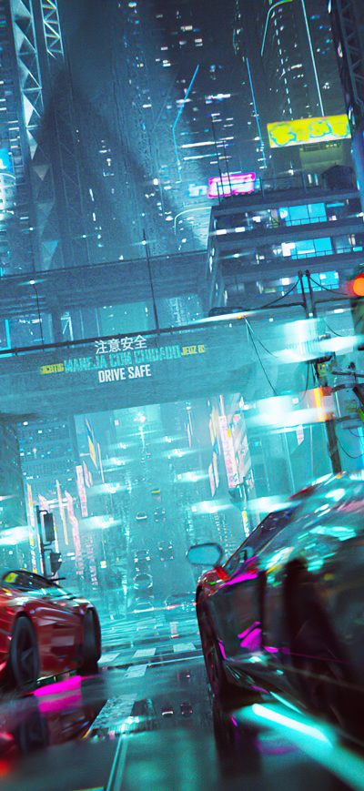 Fond d'écran iPhone Neon Cyberpunk City Car Racing 4k