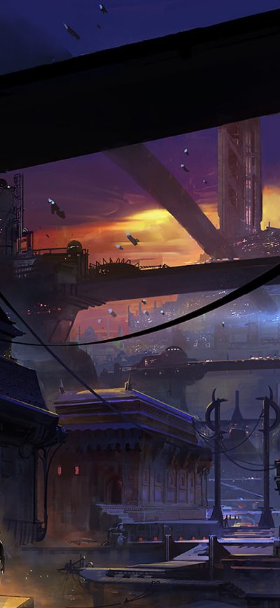 Fond d'écran iPhone Future City Spaceships Buildings Man Walking Digital Art