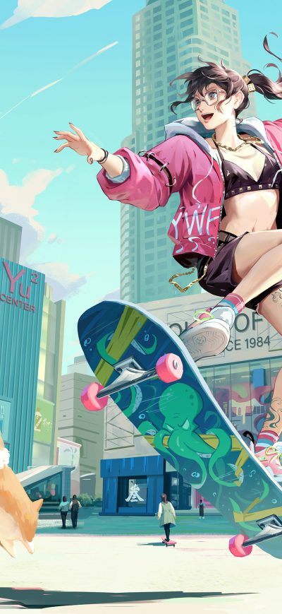 Fond d'écran iPhone Skyline Anime Girl Skateboard With Dog