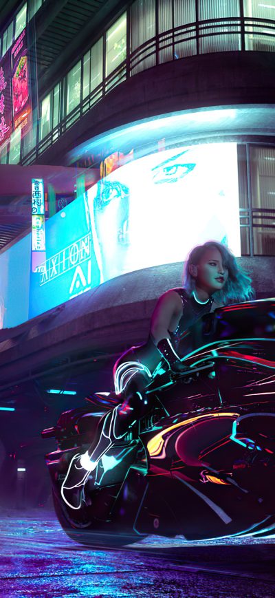 Fond d'écran iPhone Cyberpunk City Girl With Bike 4k