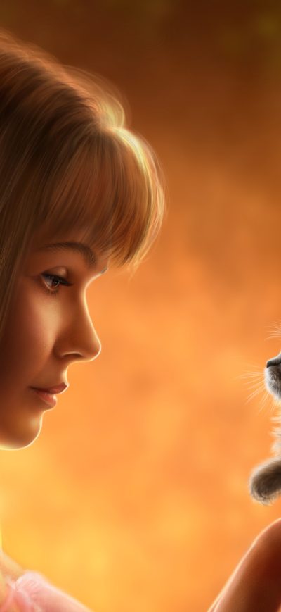 Fond d'écran iPhone Girl Holding Small Cat In Hand Artwork