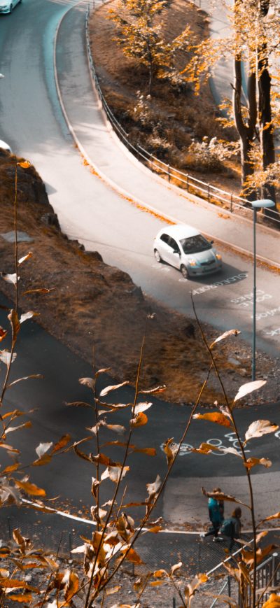 Fond d'écran iPhone Autumn Road Orange Leaves Fallen Cars Peoples Walking 5k