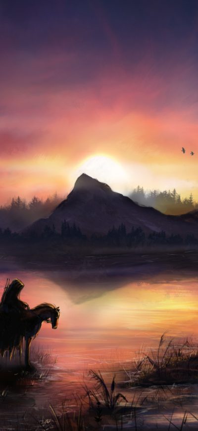 Fond d'écran iPhone Warrior On Horse Sunrise Nature Fantasy 4k