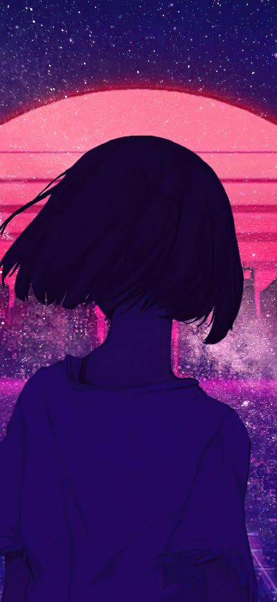 Fond d'écran iPhone Synthwave Night Sunset Anime Girl 4k