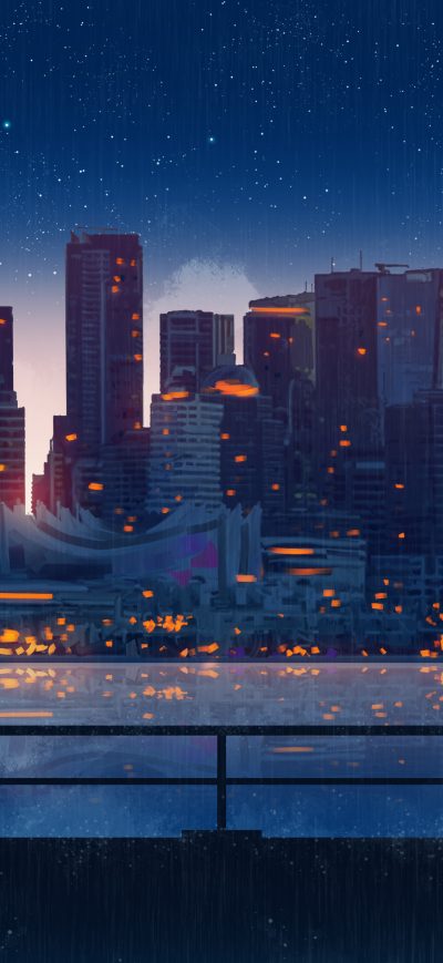 Fond d'écran iPhone Anime City Lights Night Rain Umbrella Sky 5k