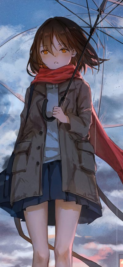 Fond d'écran iPhone Anime Girl Rain Umbrella Wind 5k
