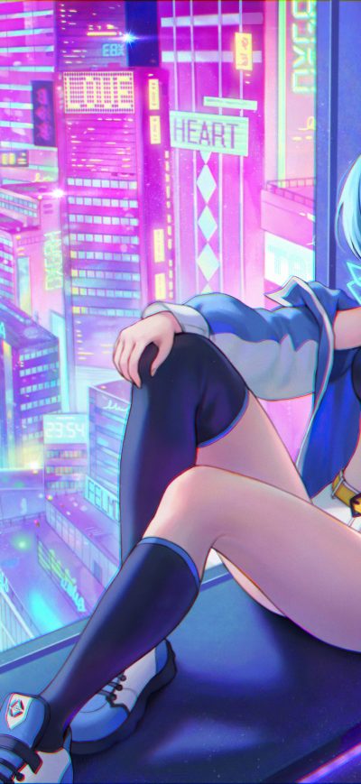 Fond d'écran iPhone Anime Girl Purple Eyes Cyberpunk 5k