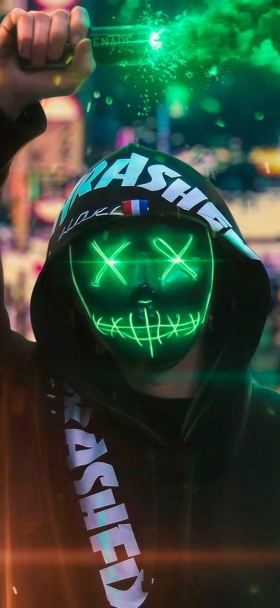 Fond d'écran iPhone Neon Mask Guy With Green Smoke