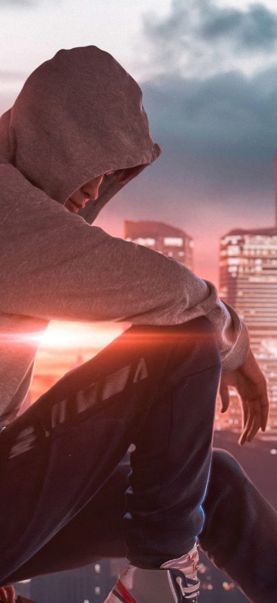 Fond d'écran iPhone Hoodie Boy Sitting Alone At House Top 4k