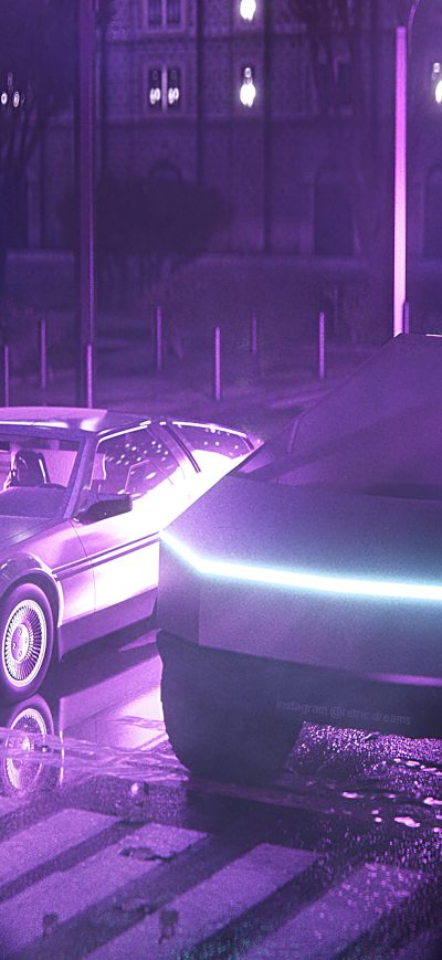 Fond d'écran iPhone Tesla Cybertruck And Delorean Synthwave 4k