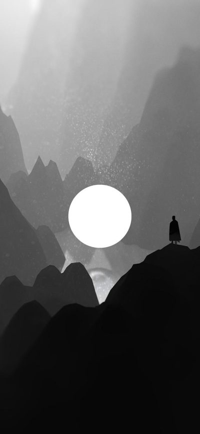 Fond d'écran iPhone Black And White Moon Man Standing On Mountain Artwork