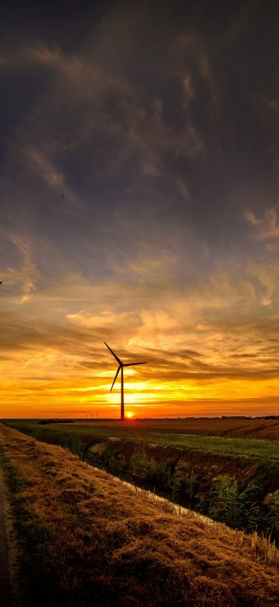 Fond d'écran iPhone Sunrise Wind Turbine Road Sky 8k