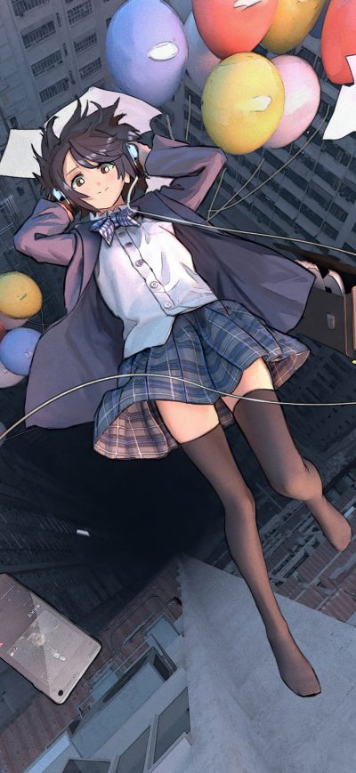 Fond d'écran iPhone Anime Girl Falling School Uniform Balloon 4k