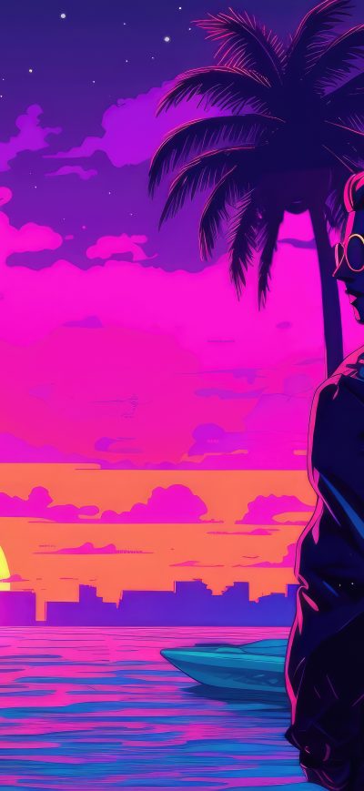 Fond d'écran iPhone Boy With Sunglasses Vaporwave Sunset Glow Palm Trees Yacht Relaxing