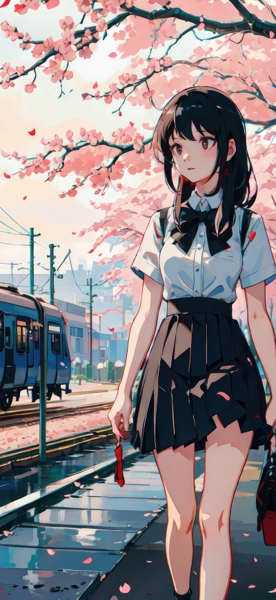 Fond d'écran iPhone Anime Girl Cherry Blossom Train Looking Away 4k