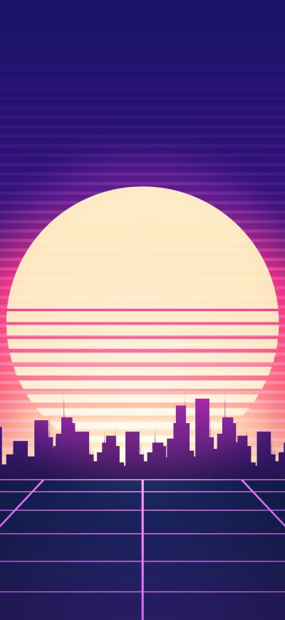 Fond d'écran iPhone Retrowave City Sunrise Grid 4k