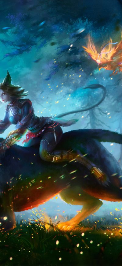 Fond d'écran iPhone Lion Warrior Girl In Magical Forest For Hunt 4k
