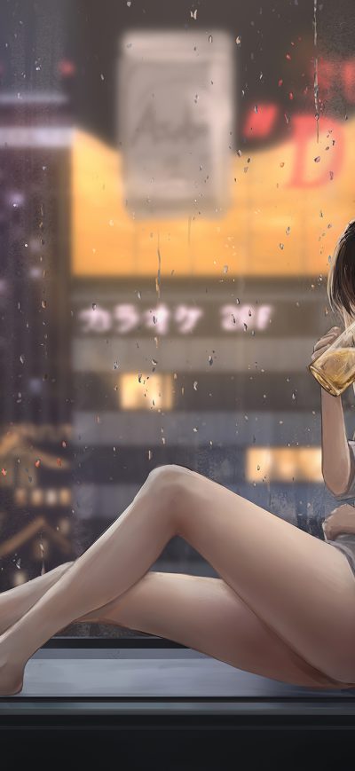 Fond d'écran iPhone Anime Girl Cat Raining 4k