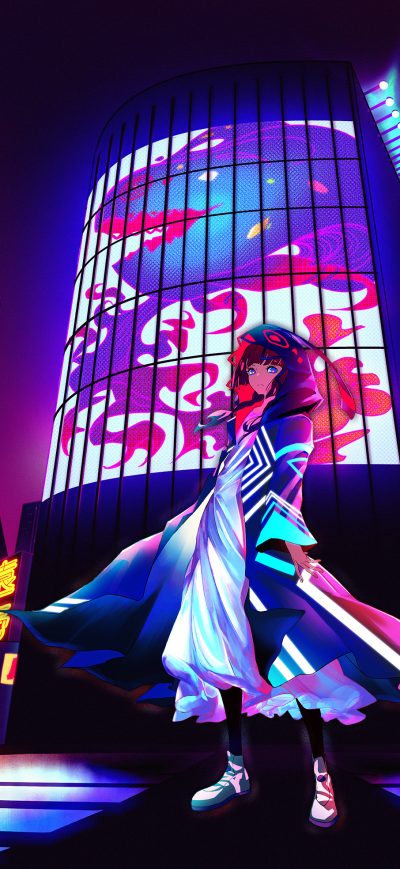 Fond d'écran iPhone Anime Girl Billboard Neon City 4k
