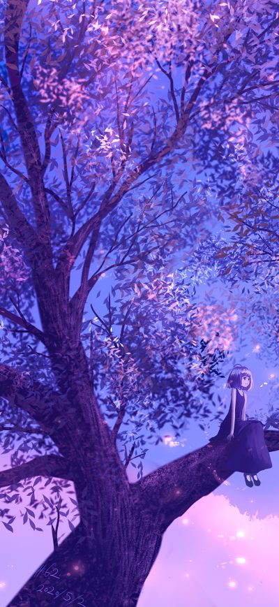 Fond d'écran iPhone Anime Girl Sitting On Purple Big Tree 4k