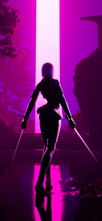Fond d'écran iPhone Warrior Girl Sharp Sword Synthwave 4k