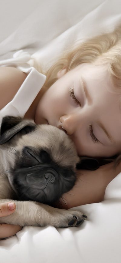 Fond d'écran iPhone Adorable Little Girl Sleeping with Pug Puppy