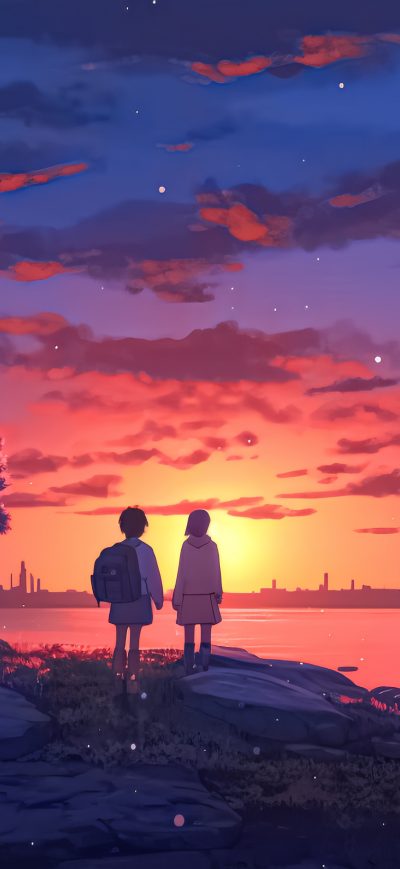 Fond d'écran iPhone Anime Girl Boy Sunset At Lake 5k