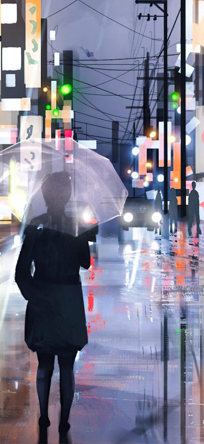 Fond d'écran iPhone Street Raining Umbrella Girl 4k