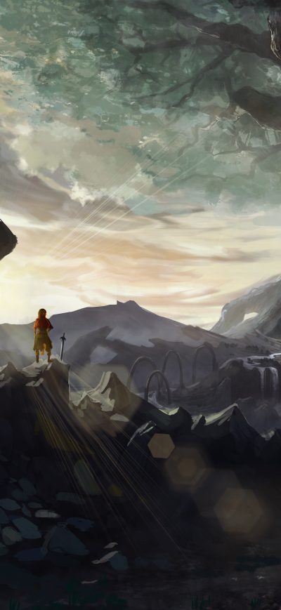 Fond d'écran iPhone Anime Warrior Girl With Sword On Mountain Artwork 4k