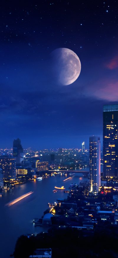 Fond d'écran iPhone City Lights Moon Vibrant 4k