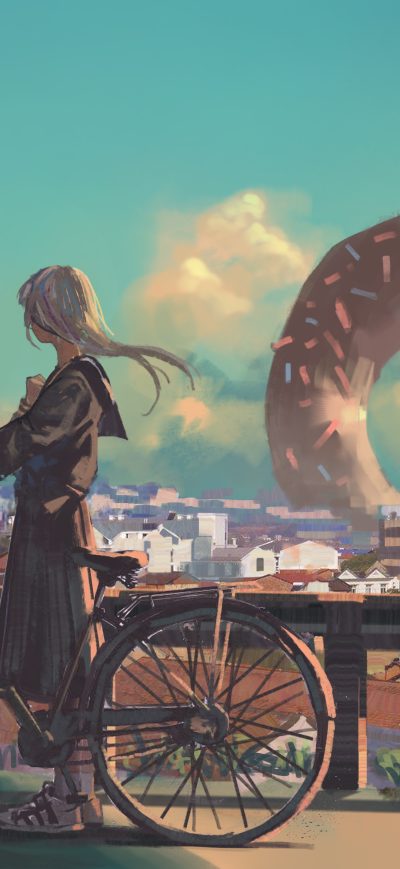 Fond d'écran iPhone Anime Original Bike City Long Hair Artwork