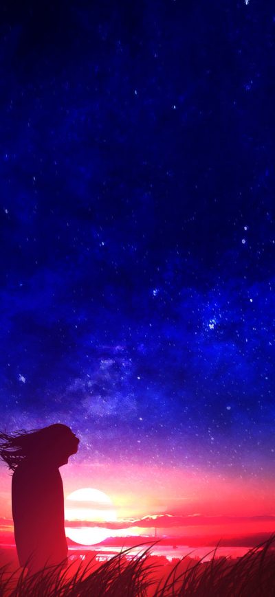 Fond d'écran iPhone Anime Girl In Field Silhouette Sunset