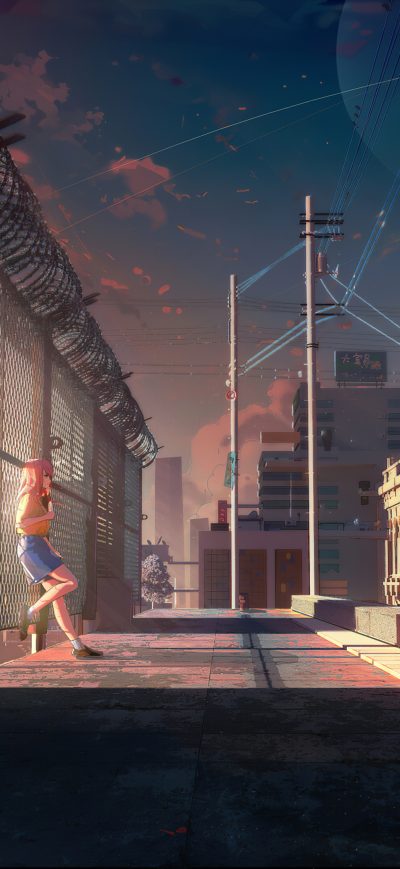 Fond d'écran iPhone Anime Girl Standing Beside Fence 4k