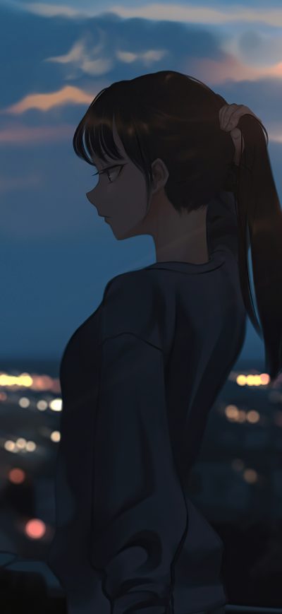Fond d'écran iPhone Anime Girls Cityscape Brunette Tying Pony Tail 5k