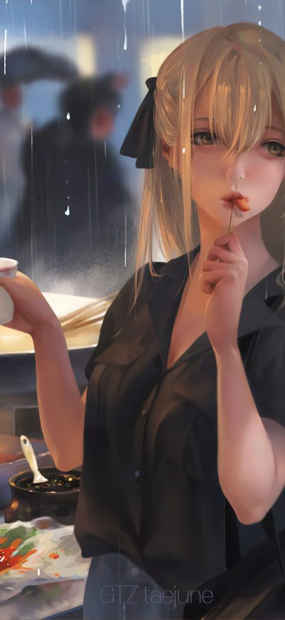 Fond d'écran iPhone Anime Girl Eating Street Food 4k