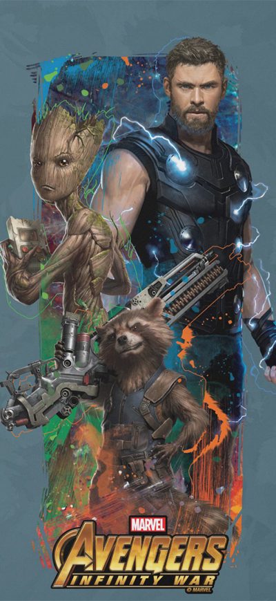 Fond d'écran iPhone Thor Rocket Groot Avengers Infinity War Artwork
